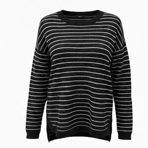 Amanda Green Striped Black & White Tweed Texture Crop Sleeve Knit Top Size Large